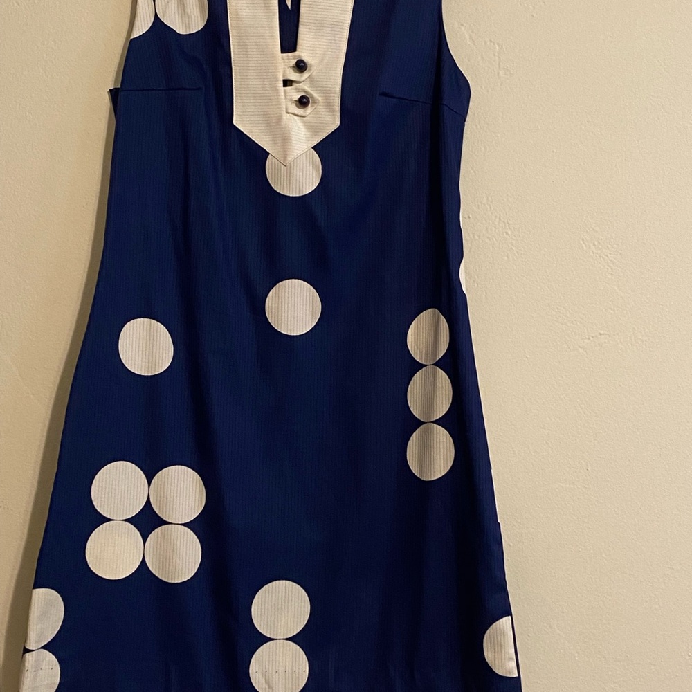 Vintage 1960s Navy Blue Shift Dress with White Polka Dots